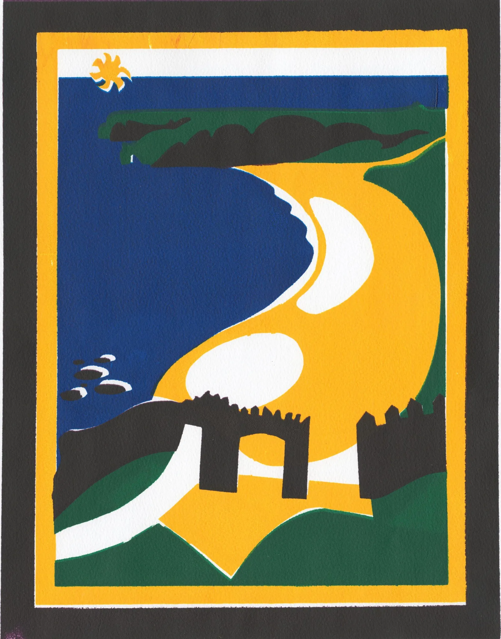 Colour print of golden beach seen from stone gatehouse