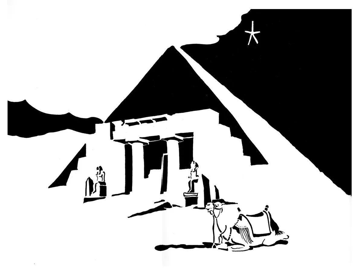 Black and white image of Egyptian pyramid with camel