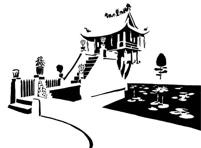 Black and white image of pagoda in a lake
