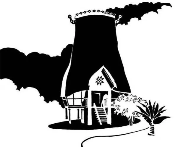 Black and white image of tall thatched tropical hut