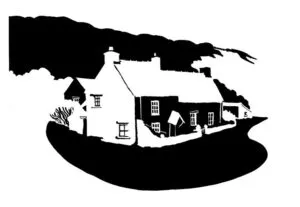 Black and white image of tiny seaside chapel