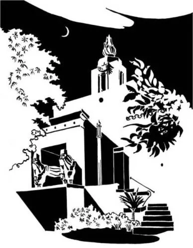 Black and white nighttime image of Persian temple