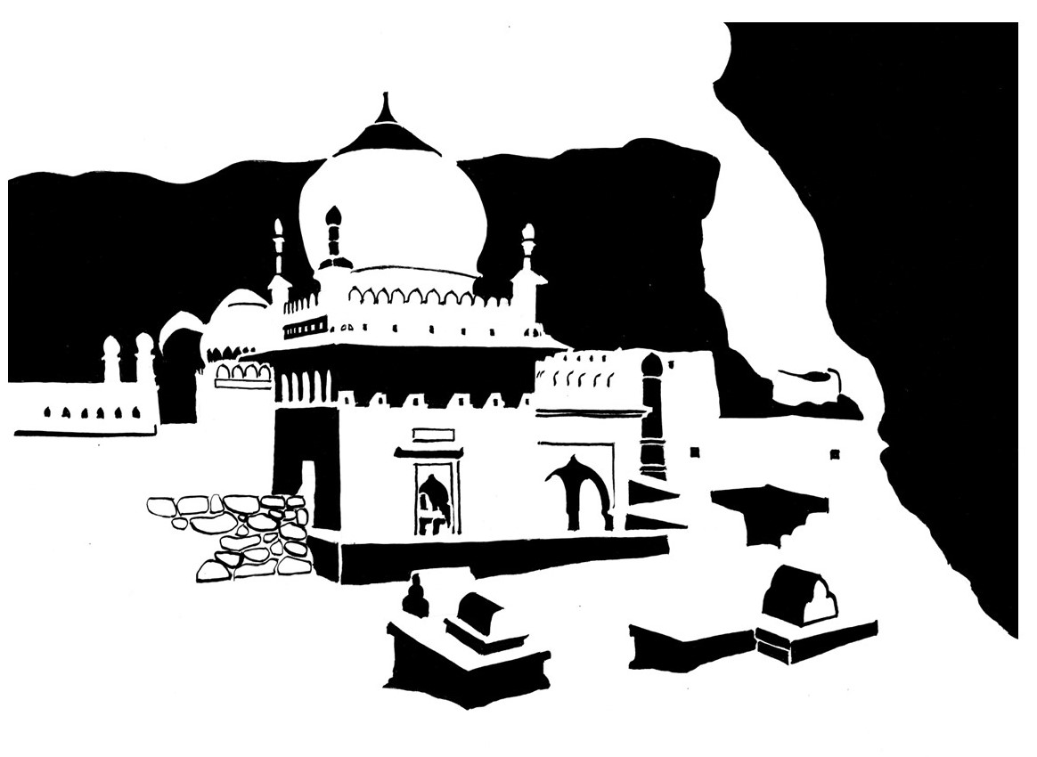 A domed tomb with cliff backdrop