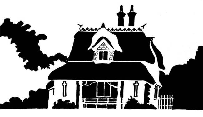 Black and white image of small thatched cottage