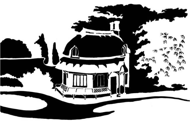 Black and white image of round thatched cottage and garden
