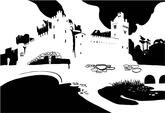 Black and white image of large castle and bridge
