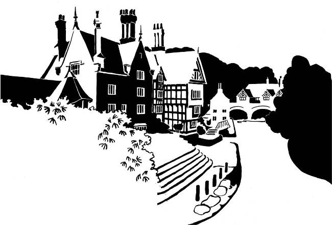 Black and white image of half-timbered canalside houses