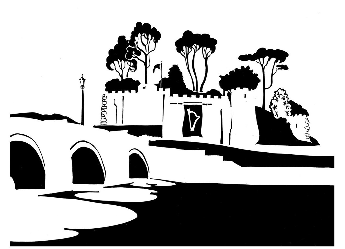 Black and white image of castle and bridge