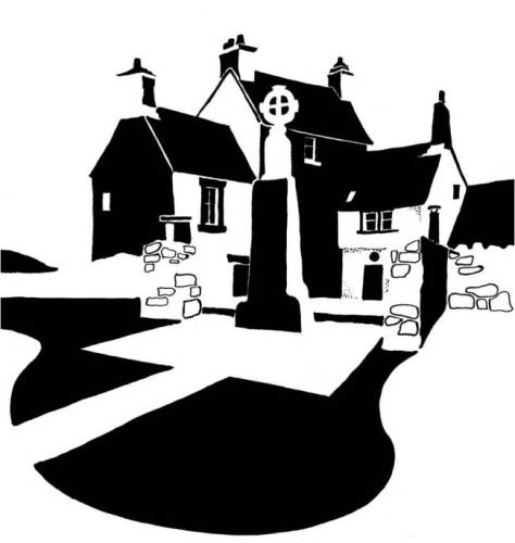 Black and white image of Celtic cross and cottages