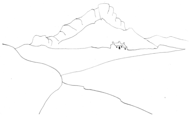 Pencil-line drawing of cottage against rock outcrop