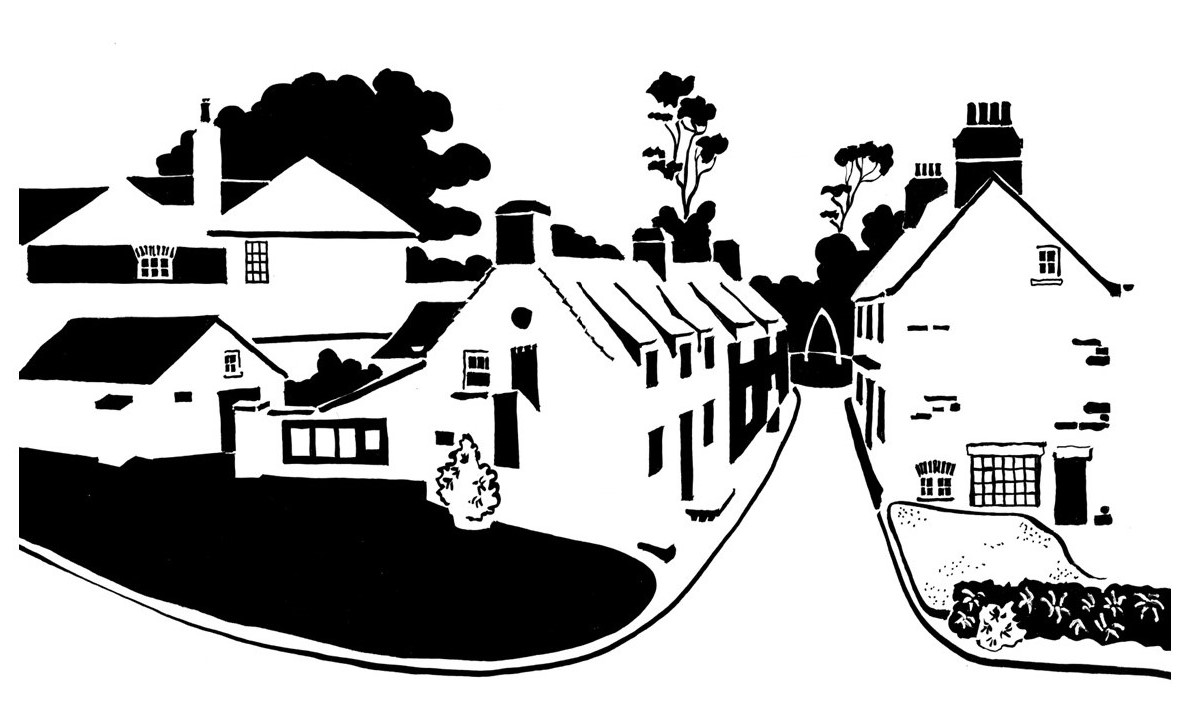 Black and white image of cottages at castle