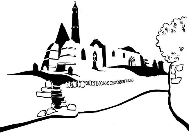 Black and white image of ruined cathedral with pencil tower