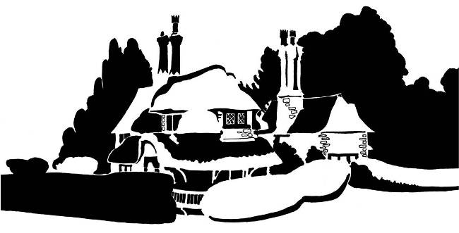 Black and white image of paired thatched cottages