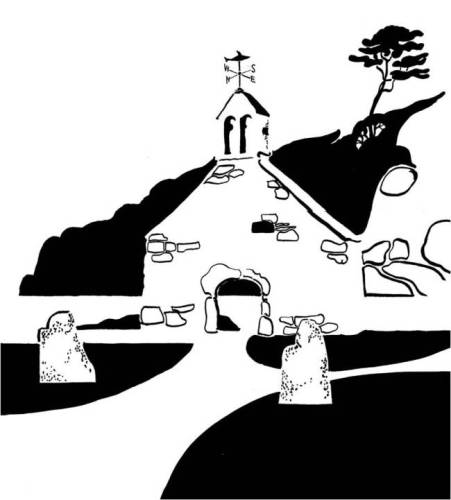 Black and white image of seaside ruined church