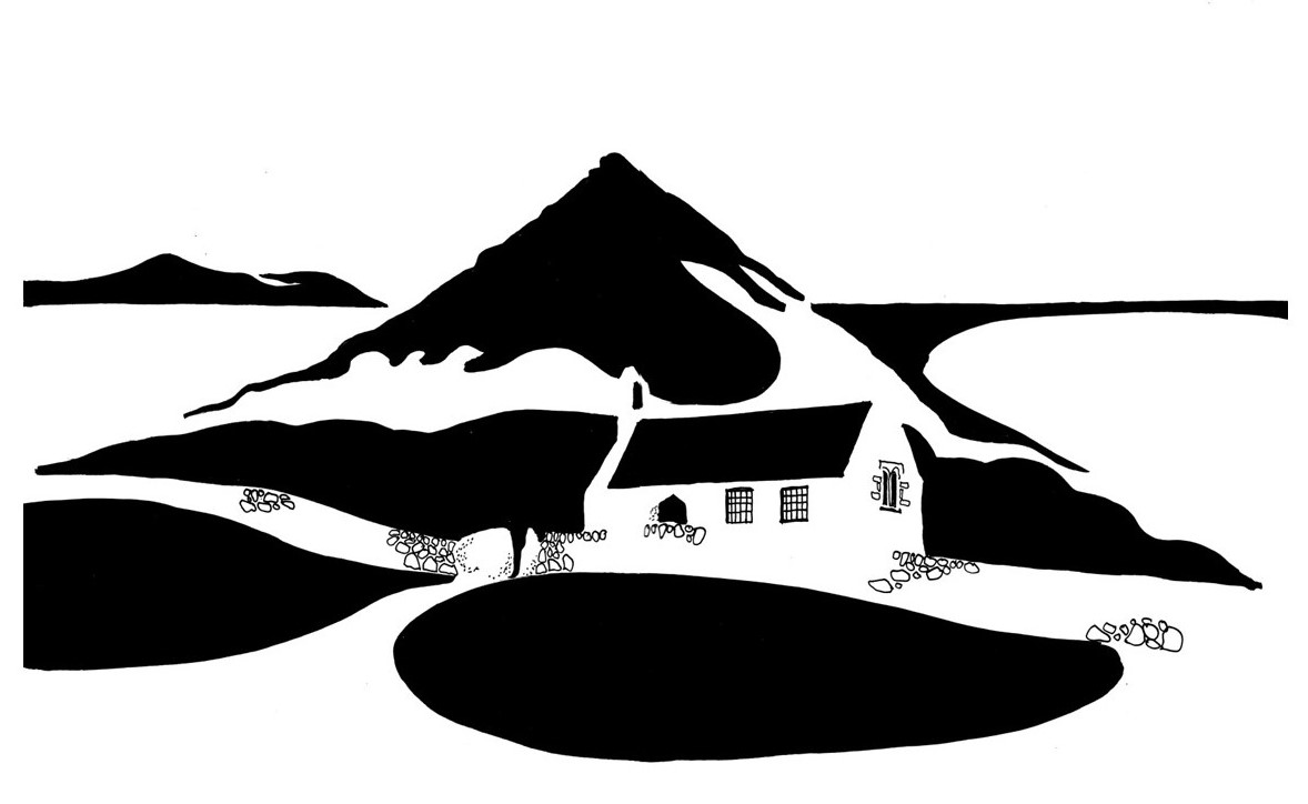 Black and white image of seaside chapel in lee of conical hill