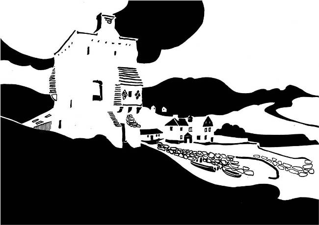 Black and white image of medieval tower on foreshore