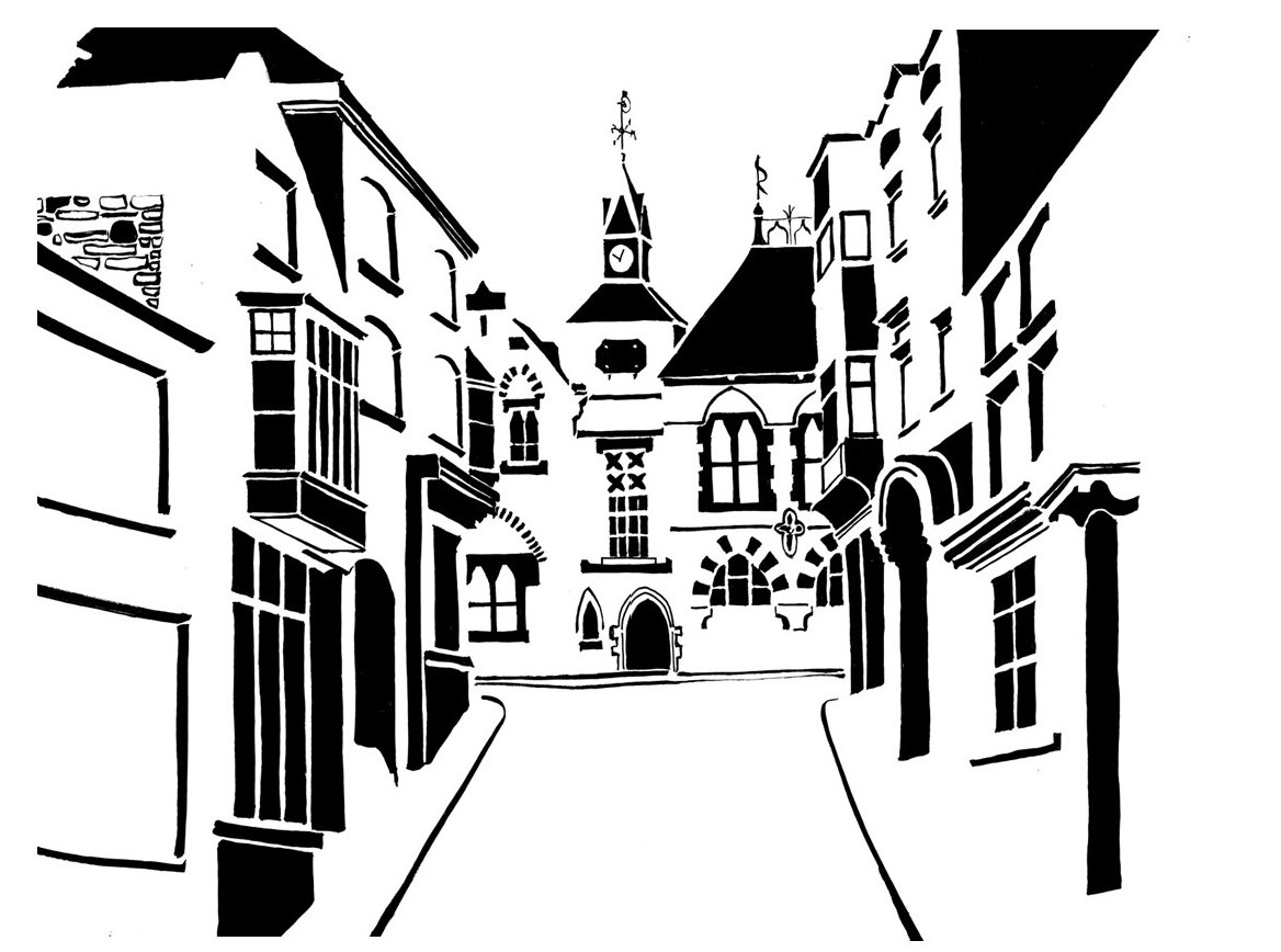 Black and white image of Victorian guildhall on street