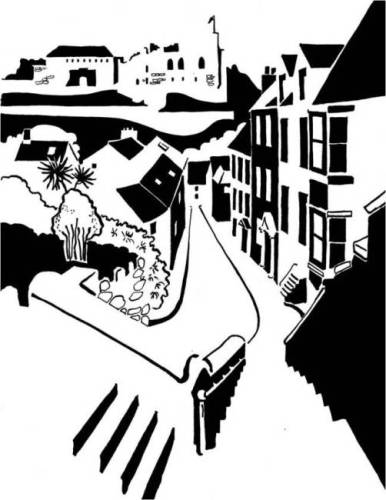 Black and white image of castle seen over town rooftops