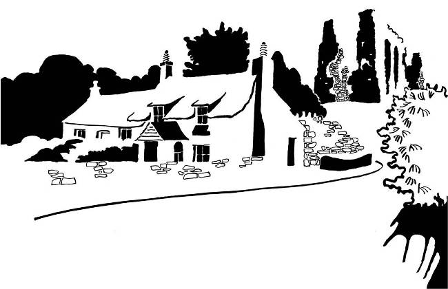 Black and white image of ruined priory and adjoining cottage
