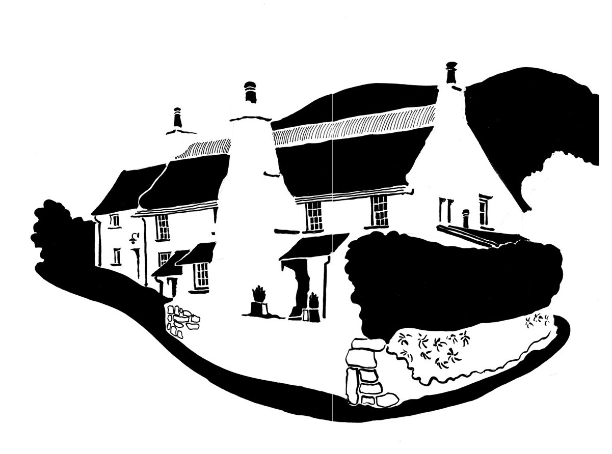 Black and white image of village street with pointed hill in background