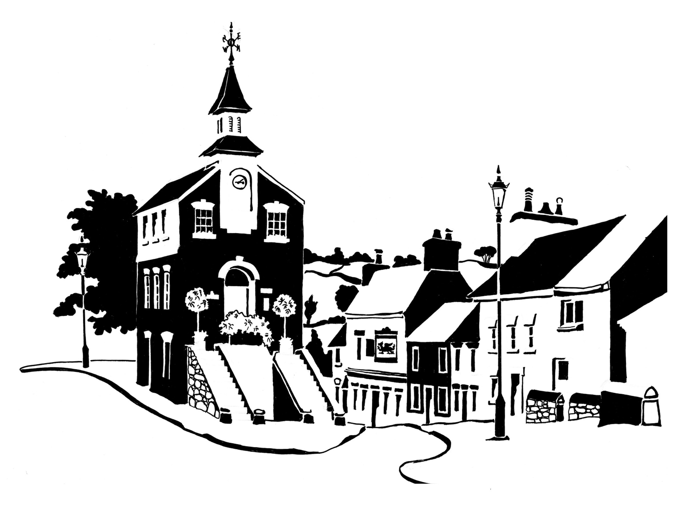 Black and white image of thatched cottage with tall chimneys