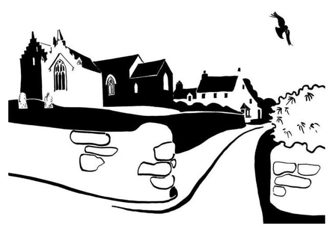 Black and white image of battlemented church and adjoining house