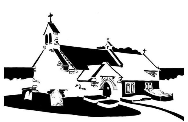 Black and white image of long, low seaside church