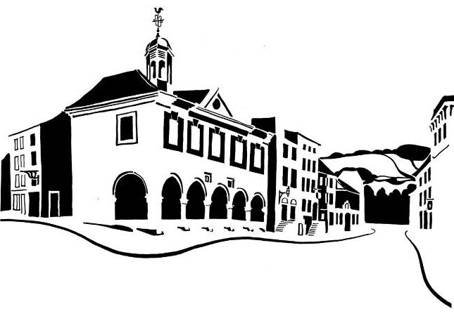 Black and white image of Classical arcaded street building
