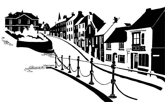 Black and white image of Classical street houses