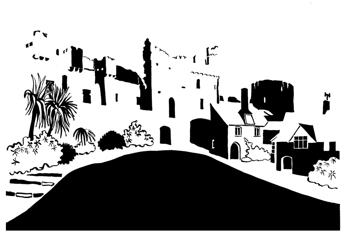Black and white image of a castle 'green' and surrounding buildings