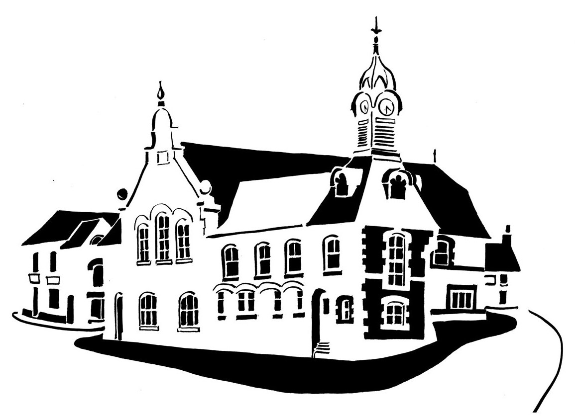 Black and white image of towered market hall