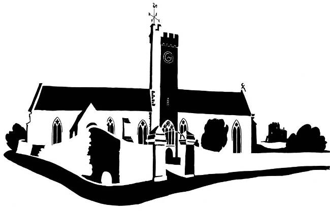 Black and white image of long church with central tower