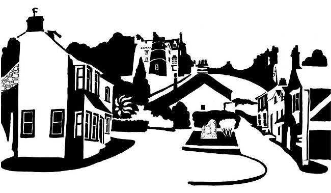 Black and white image of fortified house on village street