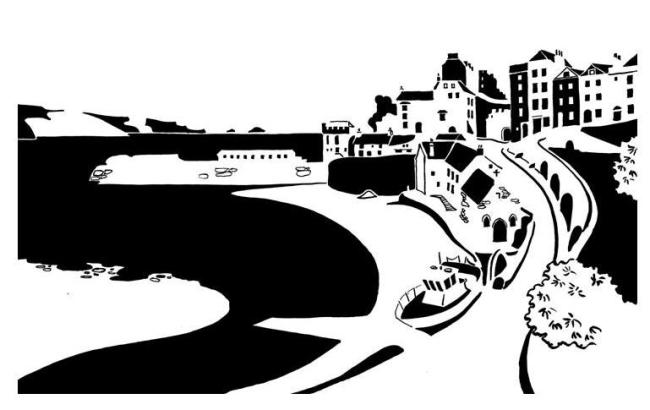 Black and white image of Georgian harbour with boat