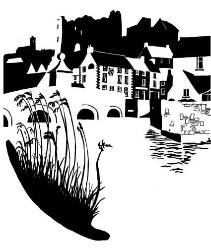 Black and white image of historic bridge with castle behind