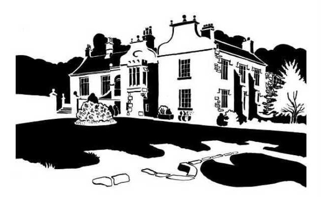 Black and white image of Jacobean-style house and grounds