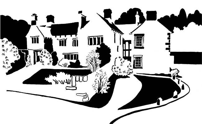 Black and white image of medieval winged house