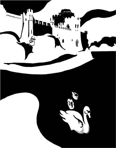 Black and white image of castle and swans on millpond