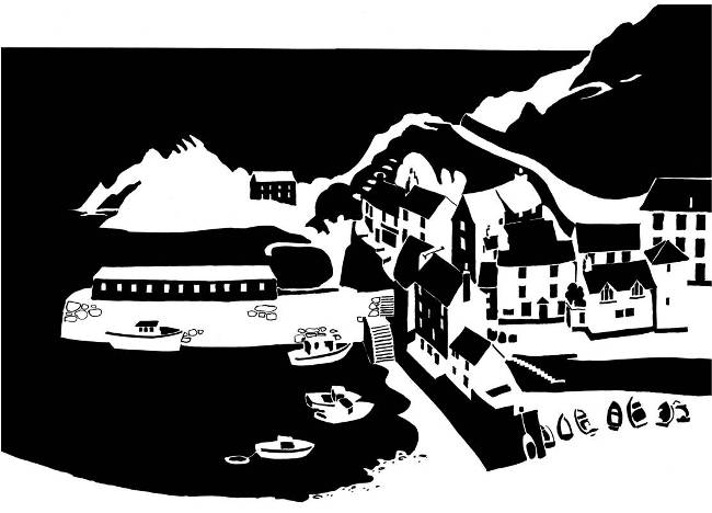 Black and white image of Cornish harbour village