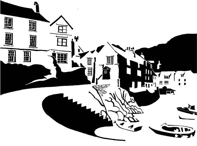 Black and white image of village harbourfront with boats