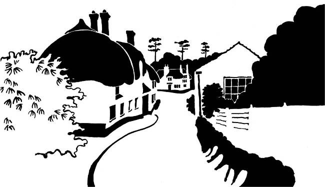 Black and white image of street with thatched houses