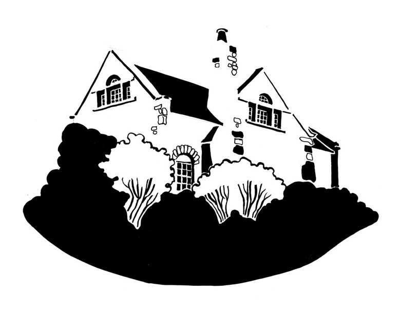 Black and white image of doubled-gabled house