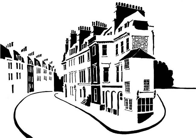 Black and white image of wedge-shaped block of Georgian houses