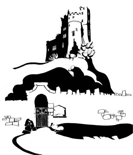 Black and white image of small hilltop castle