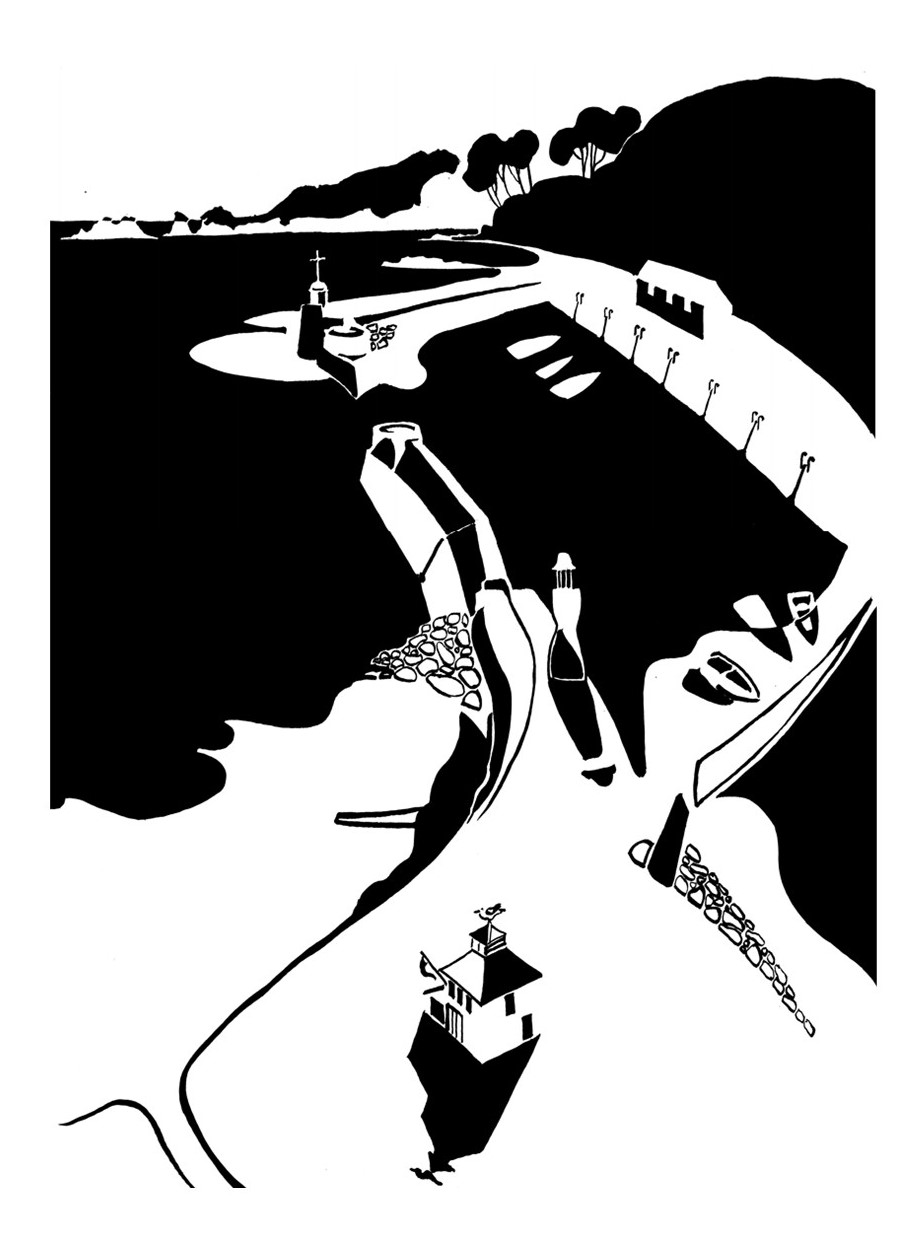 Black and white image of harbour with walls