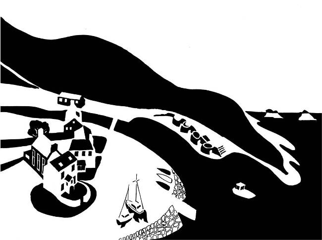 Black and white image of harbour mouth with lime kilns