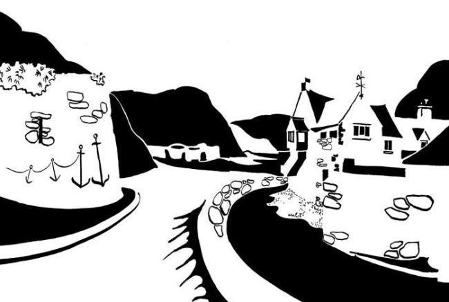 Black and white image of harbour with limekilns