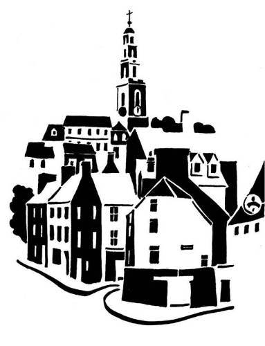Black and white image of cluster of houses topped by church tower