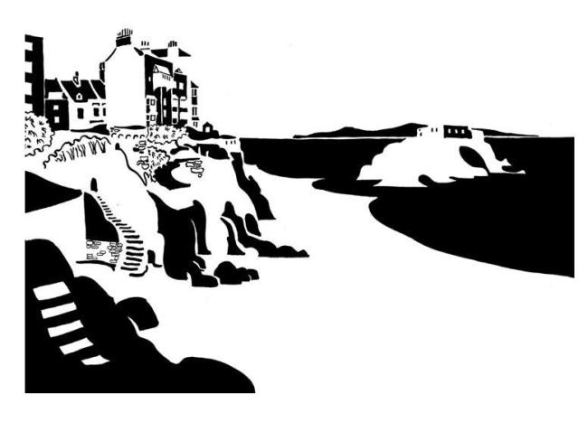 Black and white image of fort off coast of Georgian town