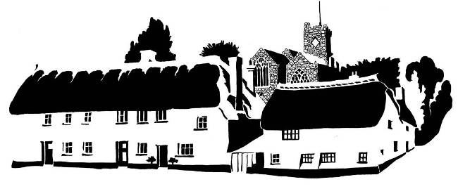 Black and white image of long thatched houses with stone church in background